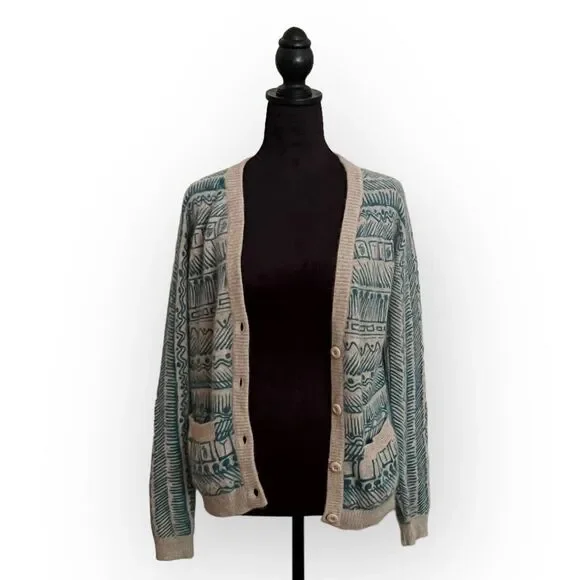 Stussy Vintage Women's Teal & Tan Angora & Wool Blend Cardigan Sweater Size M - Picture 5 of 12